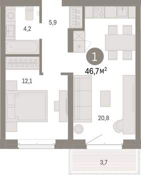 1-к квартира, вторичка, 47м2, 3/11 этаж