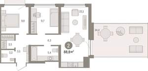 2-к квартира, вторичка, 89м2, 5/9 этаж