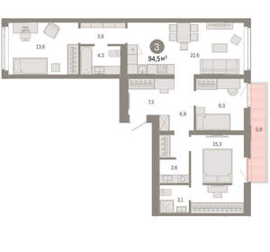 3-к квартира, вторичка, 94м2, 7/25 этаж
