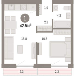 1-к квартира, вторичка, 42м2, 3/8 этаж