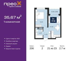 1-к квартира, вторичка, 36м2, 21/22 этаж