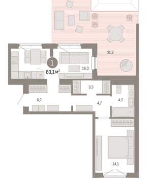 1-к квартира, вторичка, 83м2, 8/11 этаж