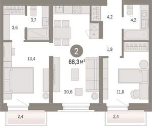 2-к квартира, вторичка, 68м2, 3/16 этаж