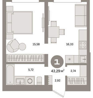 1-к квартира, вторичка, 43м2, 2/8 этаж