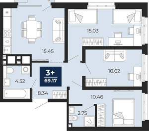3-к квартира, вторичка, 68м2, 6/24 этаж