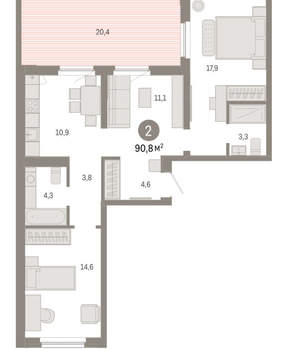 2-к квартира, вторичка, 91м2, 8/16 этаж