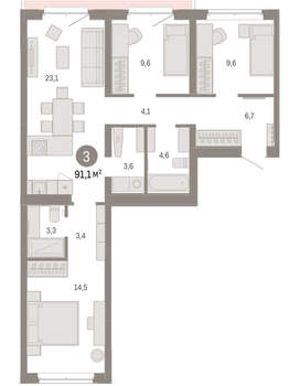 3-к квартира, вторичка, 91м2, 6/11 этаж