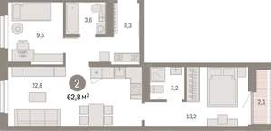 2-к квартира, вторичка, 63м2, 8/17 этаж