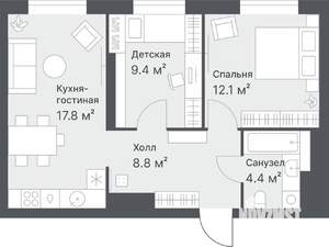 2-к квартира, вторичка, 54м2, 2/14 этаж