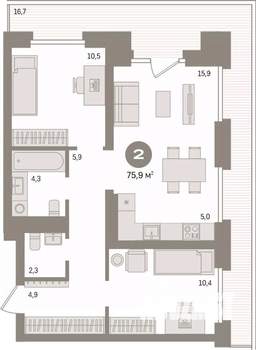 2-к квартира, вторичка, 76м2, 7/9 этаж