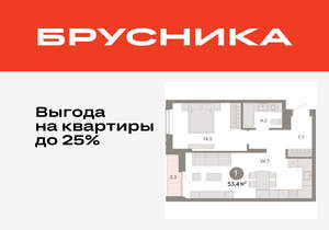 1-к квартира, вторичка, 53м2, 8/17 этаж