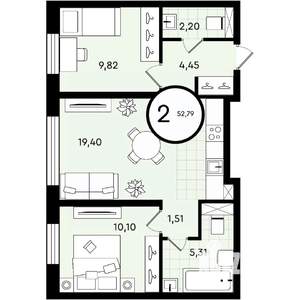 2-к квартира, строящийся дом, 53м2, 2/4 этаж