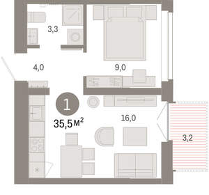 1-к квартира, вторичка, 35м2, 9/16 этаж