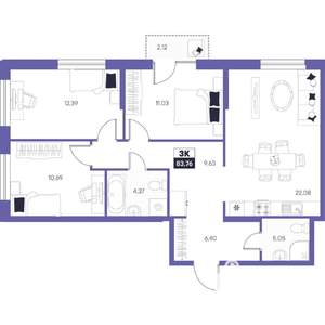 3-к квартира, строящийся дом, 84м2, 24/24 этаж