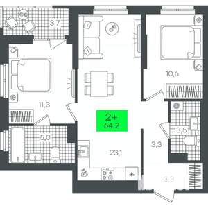 2-к квартира, строящийся дом, 64м2, 16/21 этаж