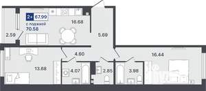 2-к квартира, вторичка, 68м2, 4/8 этаж