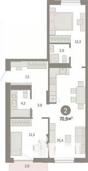 2-к квартира, вторичка, 71м2, 6/7 этаж
