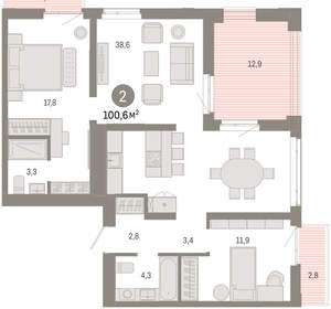 2-к квартира, вторичка, 101м2, 7/25 этаж