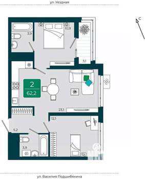 2-к квартира, вторичка, 62м2, 16/16 этаж