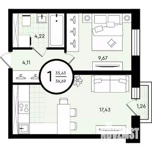 1-к квартира, вторичка, 37м2, 3/4 этаж