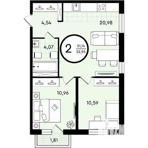 2-к квартира, строящийся дом, 53м2, 2/4 этаж