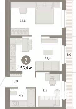 2-к квартира, вторичка, 56м2, 7/7 этаж