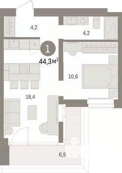 1-к квартира, вторичка, 44м2, 3/16 этаж