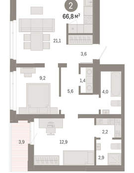 2-к квартира, вторичка, 67м2, 9/25 этаж