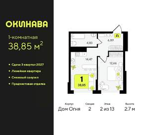 1-к квартира, вторичка, 39м2, 2/13 этаж