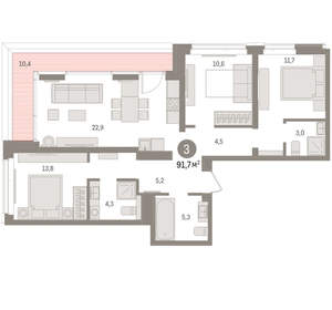 3-к квартира, вторичка, 92м2, 2/16 этаж