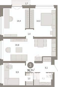 3-к квартира, вторичка, 77м2, 9/16 этаж