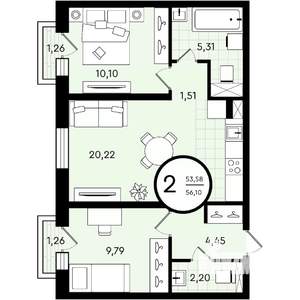 2-к квартира, строящийся дом, 56м2, 4/4 этаж