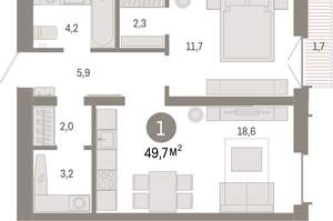 1-к квартира, вторичка, 50м2, 11/16 этаж