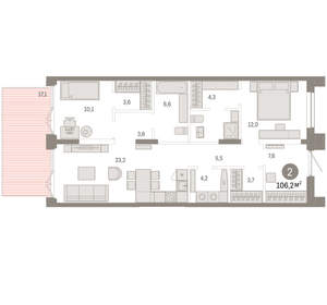 2-к квартира, вторичка, 106м2, 1/16 этаж