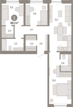 3-к квартира, вторичка, 89м2, 6/16 этаж