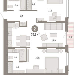 2-к квартира, вторичка, 75м2, 13/17 этаж
