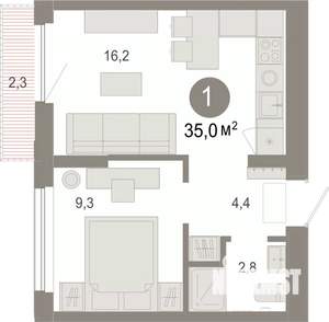 1-к квартира, вторичка, 35м2, 6/9 этаж
