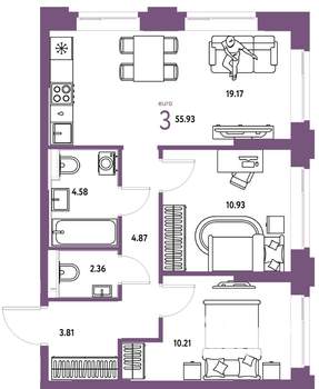 3-к квартира, вторичка, 56м2, 2/25 этаж