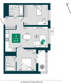 2-к квартира, вторичка, 63м2, 5/16 этаж