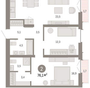 2-к квартира, вторичка, 76м2, 4/16 этаж