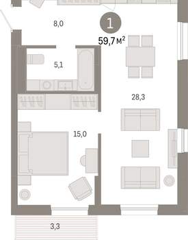 1-к квартира, вторичка, 60м2, 11/17 этаж