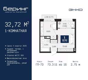 1-к квартира, вторичка, 33м2, 11/22 этаж