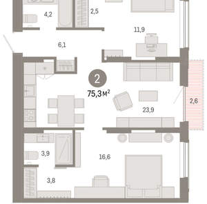 2-к квартира, вторичка, 75м2, 7/17 этаж