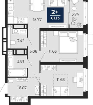 2-к квартира, вторичка, 61м2, 17/20 этаж