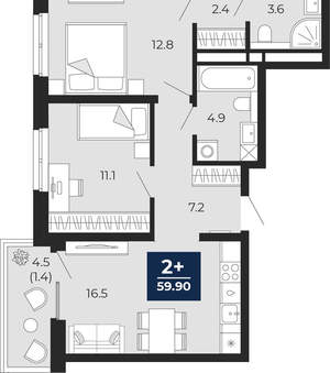 2-к квартира, вторичка, 60м2, 12/16 этаж