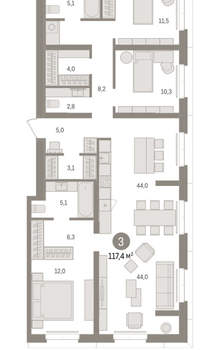 3-к квартира, вторичка, 117м2, 2/16 этаж