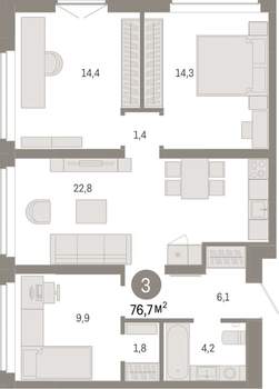 3-к квартира, вторичка, 77м2, 9/16 этаж