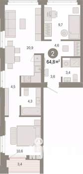 2-к квартира, вторичка, 65м2, 4/8 этаж