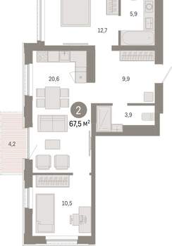 2-к квартира, вторичка, 68м2, 22/25 этаж
