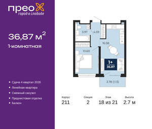 1-к квартира, вторичка, 37м2, 18/21 этаж